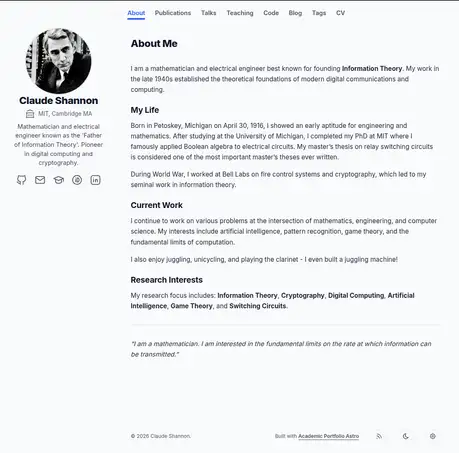 Academic Portfolio Astro - Minimal Astro academic portfolio with sidebar profile and publications sections