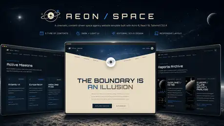 AEON / Space - Astro React content-driven space agency template with cinematic sci-fi editorial design