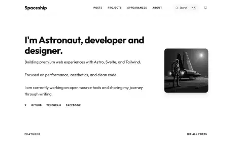 Spaceship - An Astro portfolio and blog template using Svelte components and Tailwind CSS.
