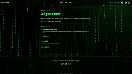 Anglefeint - Cinematic Astro personal-publishing theme with Matrix-style green rain effect and multilingual routes