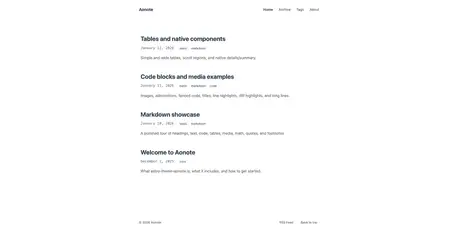Aonote - Static Astro blog theme with clean minimal post list and monospace dates