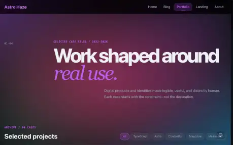 Astro Haze - Glassmorphism Astro portfolio theme with dark purple gradient and bold display headline