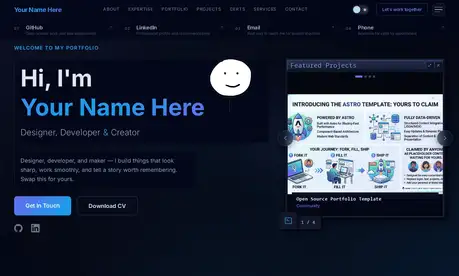 Astro Portfolio Landing Page - Astro portfolio landing page with dark hero, project carousel, and printable resume