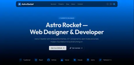 Astro Rocket - Astro 7 starter with 12 themes, 57+ components, and vivid blue gradient hero