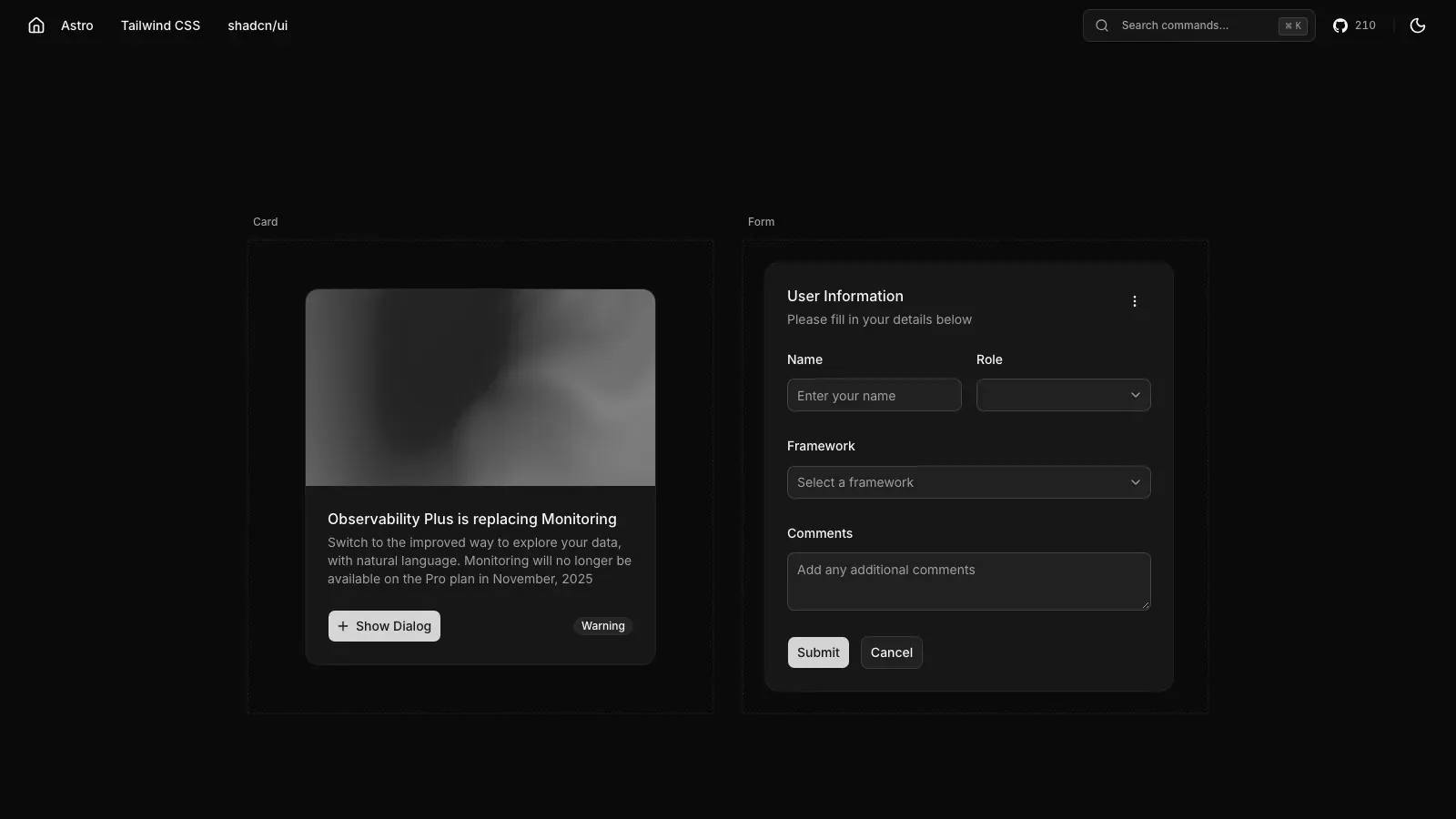 Astro shadcn/ui Template Astro template live preview
