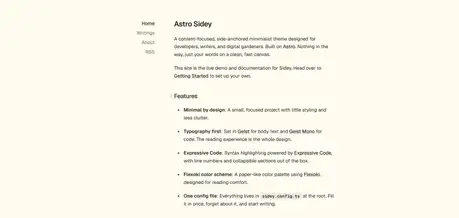 Astro Sidey - Minimalist Tailwind Astro personal blog theme with side-anchored nav and typography-first layout