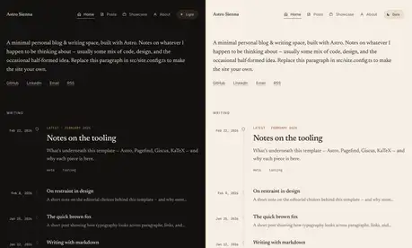Astro Sienna - Minimal Astro writing blog with serif type and light/dark timeline layout