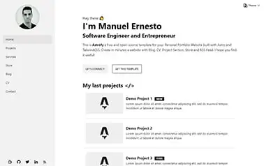 Astrofy - Simple Tailwind CSS Astro personal website template with a fixed sidebar and a scrolling content area.