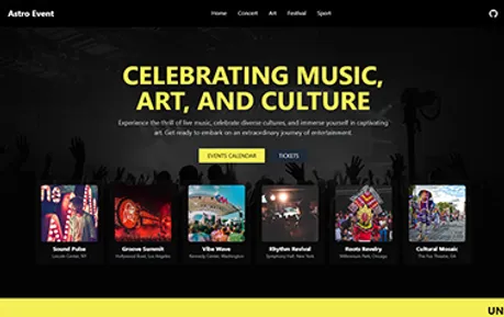 Astrojs Event Template - Tailwind Astro event landing page template featuring multiple dark pages and text carousel
