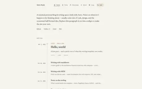 Astro Kami - An internationalized Astro blog theme with editorial typography, Markdown and MDX, Pagefind search, RSS, and localized English and Chinese routes.