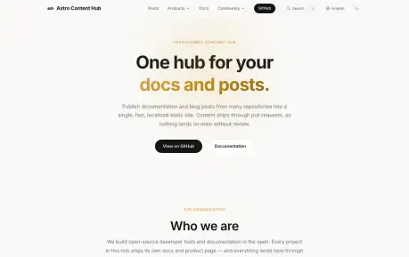 Astro Content Hub - An Astro template for aggregating localized documentation, product pages, and posts from multiple repositories into one static content hub.