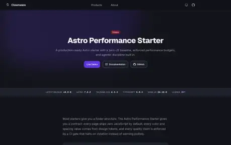 Astro Performance Starter - An Astro starter with performance budgets, design tokens, tests, and a zero-JavaScript baseline.