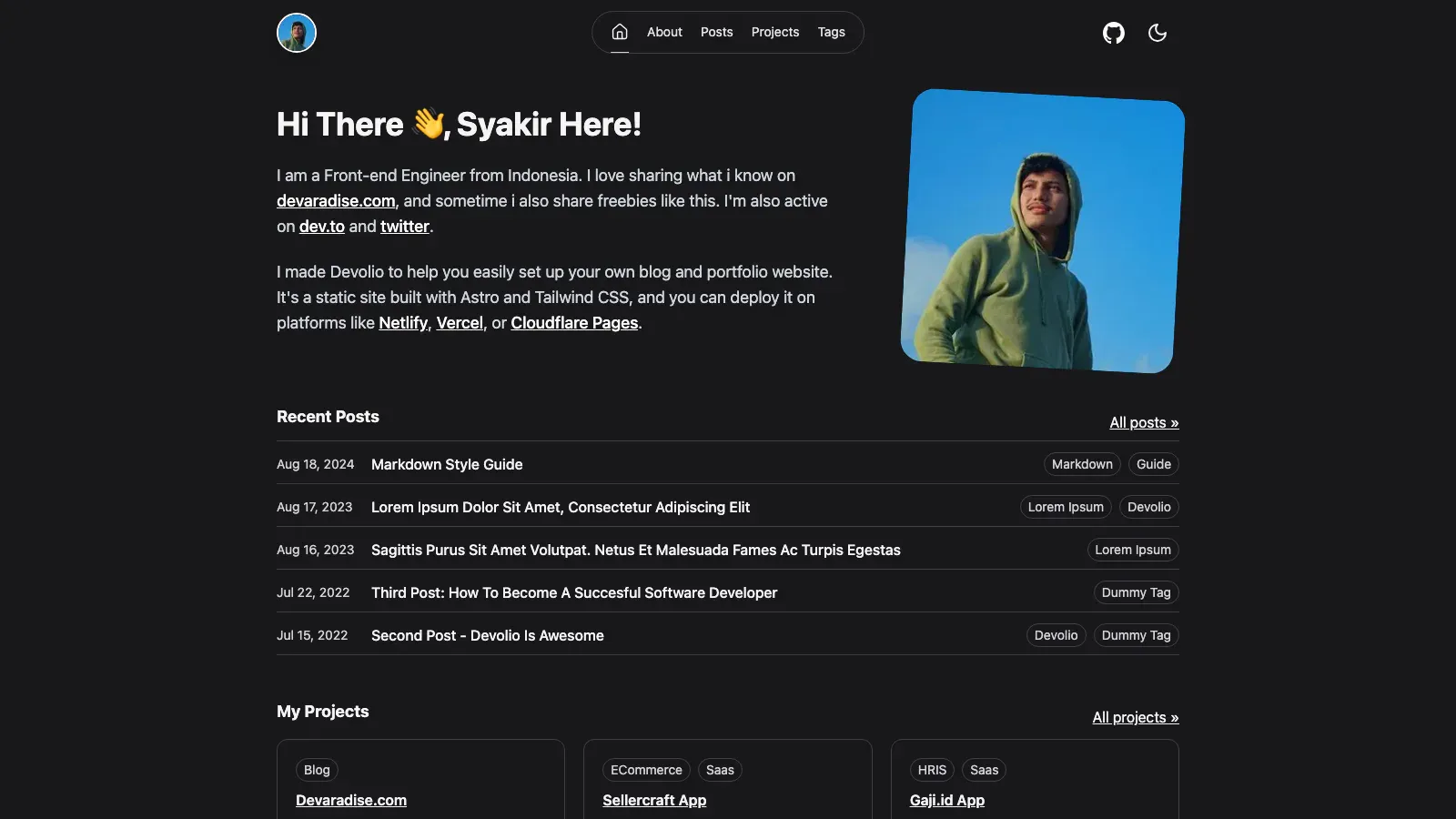 Devolio Astro template live preview