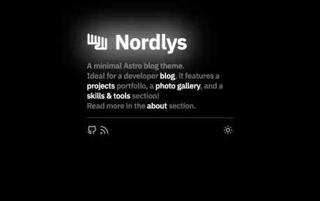 Nordlys - A dark Astro blog theme with project, gallery, article, and toolkit sections.