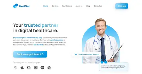 HealNet - Tailwind Astro healthcare landing page with clinician hero photo and appointment booking CTA