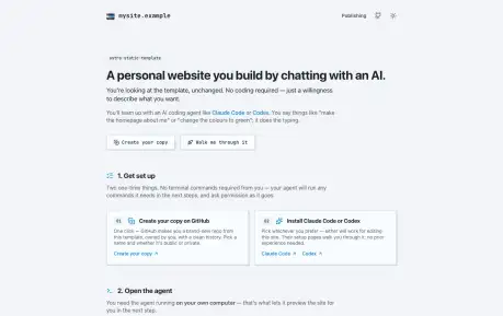 Astro Static Template - An Astro and Tailwind CSS personal-site starter with guided AI customization, theme switching, metadata, link checking, and GitHub Pages workflows.