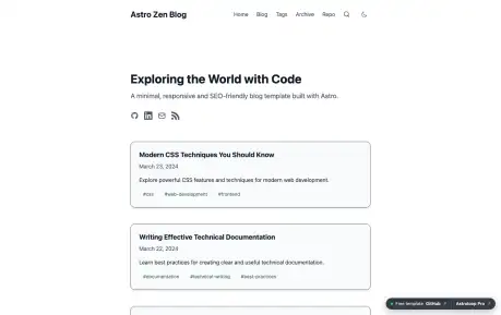 Astro Zen Blog - A responsive Astro blog theme with Markdown and MDX content, tags, archives, local search, RSS, and light and dark modes.