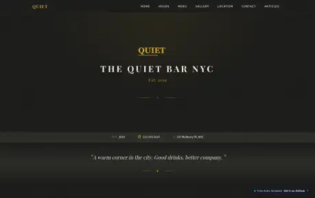 Quiet Bar - A responsive Astro template for bars and restaurants with a vintage charcoal-and-brass design, menus, gallery, location, and articles.