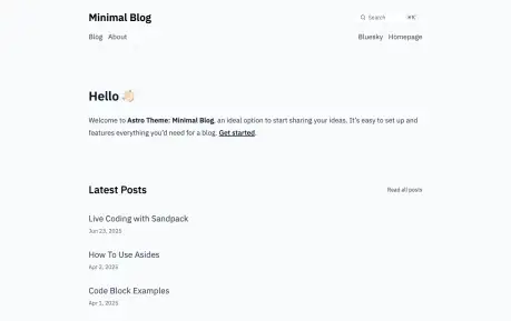 Minimal Blog - A minimal Astro blog theme with MDX posts, Pagefind search, tags, RSS, light and dark modes, Expressive Code, and Sandpack examples.