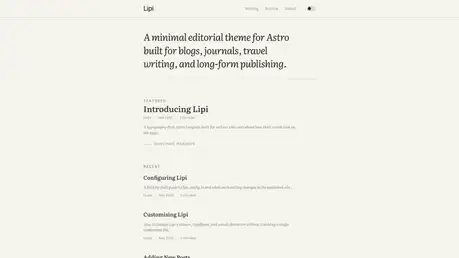 Lipi - Typography-first Astro template for long-form writing with minimal serif light layout