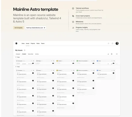 Mainline Astro Template - An Astro template built with shadcn/ui, Tailwind 4 & Astro 5