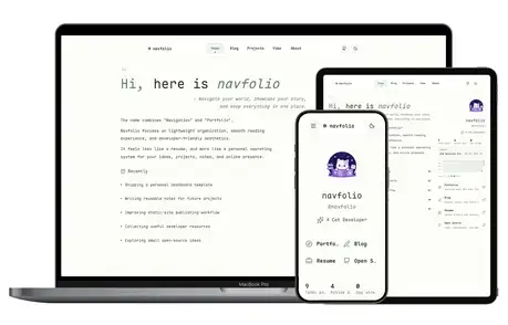 Navfolio - Clean Astro personal portfolio theme with monospace type and cat mascot avatar