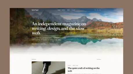QuietPages - Calm editorial Astro magazine theme with scenic mountain hero and serif italic headlines