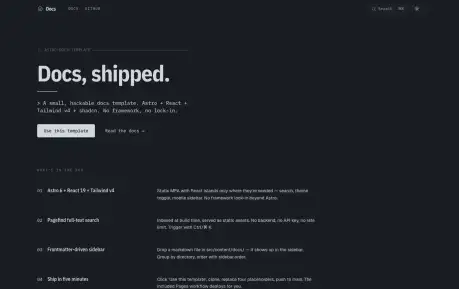 Astro Docs Template - An Astro documentation template with MDX, Pagefind search, frontmatter-driven navigation, light and dark modes, and GitHub Pages deployment.
