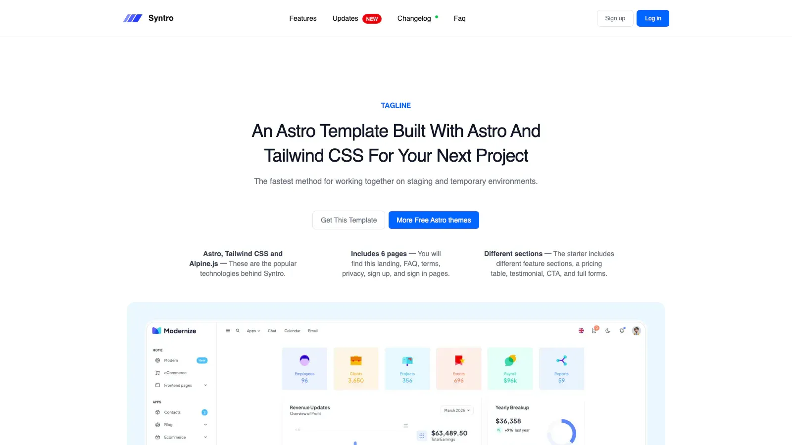 Syntro - SaaS Landing Page Template Astro template live preview