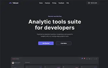 Tailcast - Tailwind CSS and React Astro startup theme with a dark mode layout.