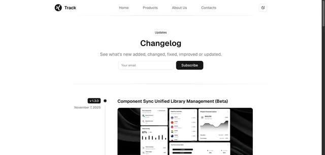 Track - Changelog Landing Template Astro template preview