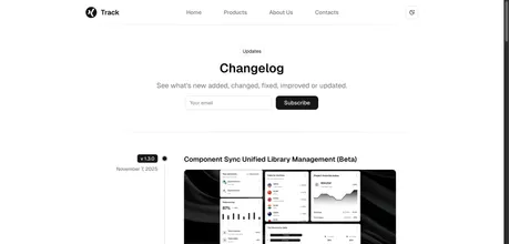 Track - Changelog Landing Template - Track is a clean Free Astro Changelog Landing Page template to publish updates, releases, fixes, and improvements with clarity and consistency.