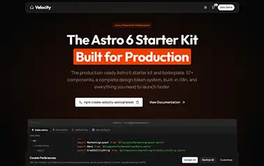 Velocity - Tailwind Astro component library featuring 60+ interface elements and complete design system