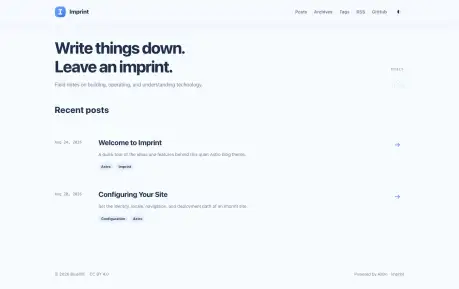 Imprint - A writing-focused Astro blog theme with responsive post layouts, archives, tags, RSS, light and dark modes, and English and Chinese interfaces.
