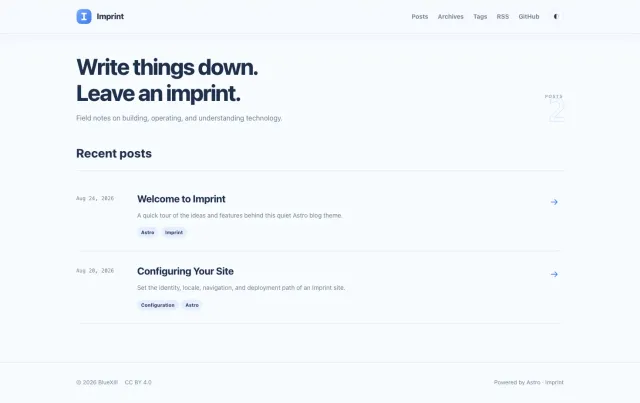 Imprint Astro theme preview