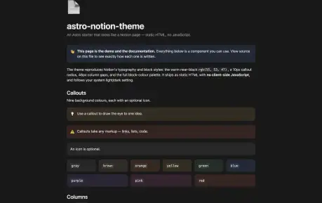 Astro Notion Theme - A zero-JavaScript Astro starter with Notion-style typography, callouts, columns, toggles, and block colors.