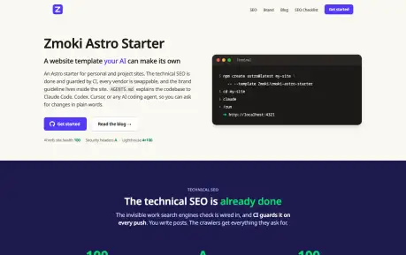 Zmoki Astro Starter - An Astro starter for personal and project sites with guarded SEO configuration and reusable integrations.